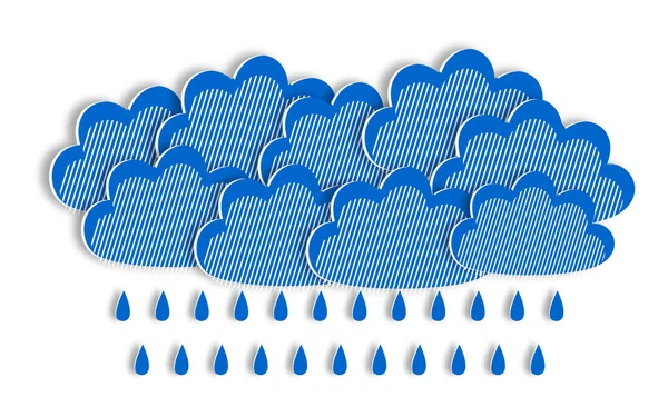 Rain blue clouds in paper cut style. Modern design of a weather forecast during a storm. Horizontal white poster with cloudy sky.