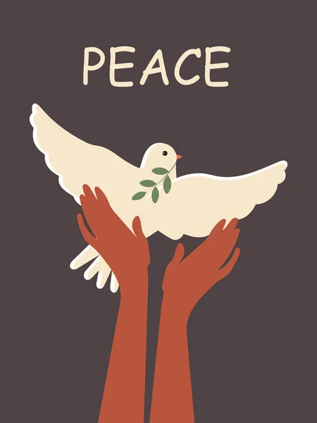 International Day of Peace. White dove in female hands on a black vertical poster. Peace to Ukraine.