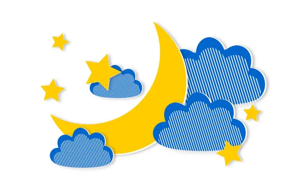 Cute Crescent Moon Yellow Stars Blue Clouds Horizontal White Weather — Fotografia de Stock