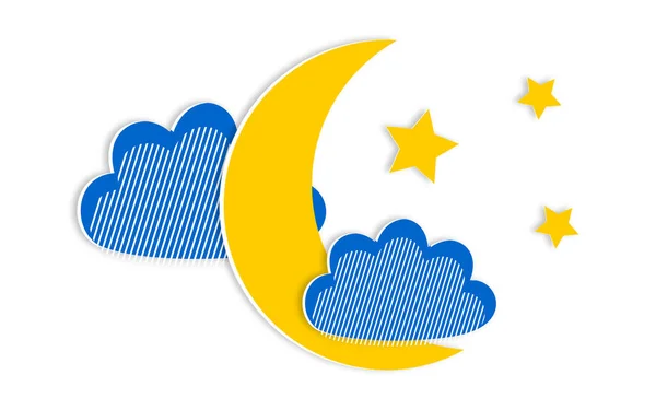 Cute Crescent Moon Yellow Stars Blue Clouds Horizontal White Weather — Zdjęcie stockowe