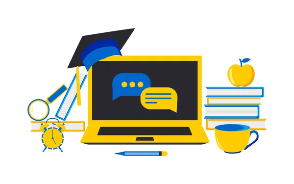 Online education concept. Laptop, headphones and books in yellow-blue color.