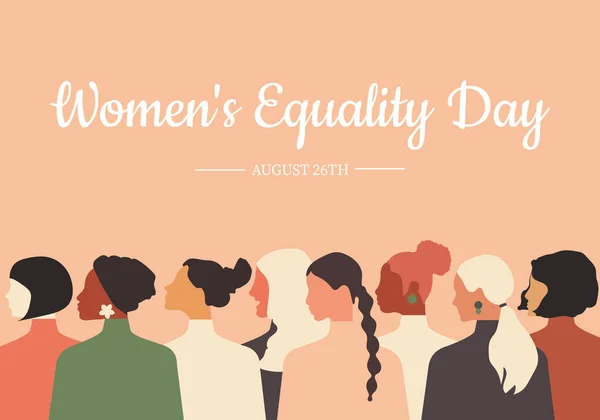 Women\'s Equality Day. Women of different ages, nationalities and religions come together. Horizontal pink pastel poster.