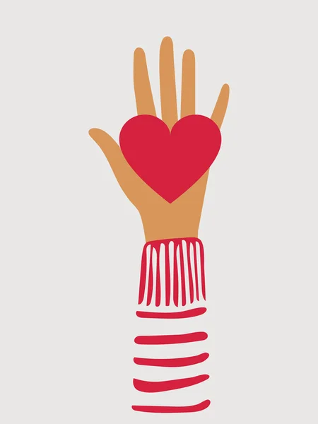 Hand Man Striped Clothes Holds Red Heart Loving Hand Vertical —  Fotos de Stock