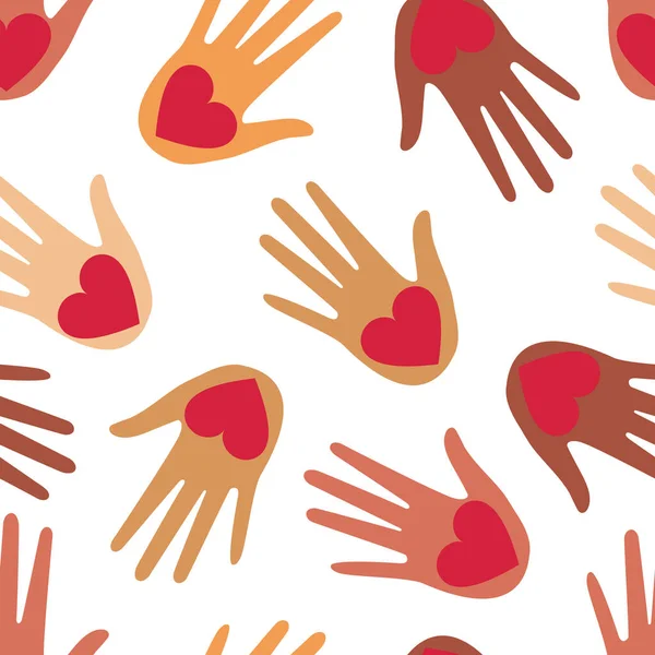 People Hands Holding Red Heart Loving Hand Seamless Cute Pattern — Stockfoto