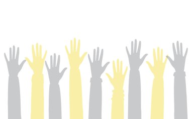 Hands of people with different skin colors, different nationalities and religions. Activists, feminists and other communities fight for equality. White horizontal background with copy space. 