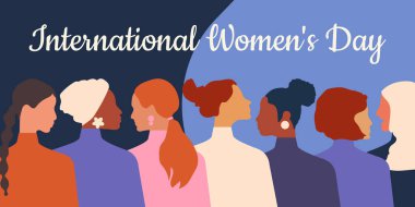 International Women's Day. Women of different ages, nationalities and religions come together. Horizontal blue poster. 