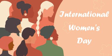 International Women's Day. Women of different ages, nationalities and religions come together. Horizontal pink poster. Modern graphics.