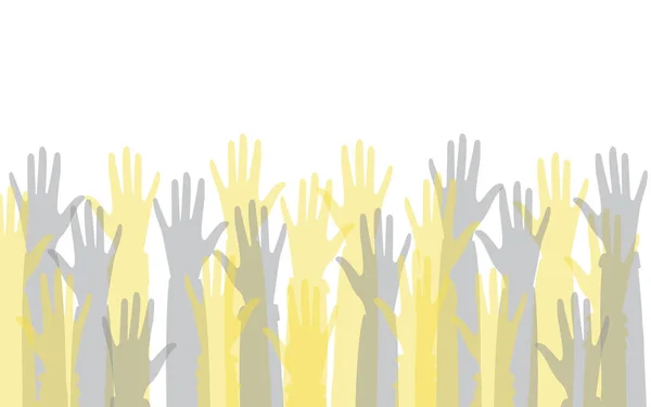 Hands of people with different skin colors, different nationalities and religions. Activists, feminists and other communities fight for equality. White horizontal background with copy space.