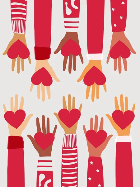 The hands of people with different skin colors, different nationalities and religions hold a red heart. Vertical banner with charity concept.
