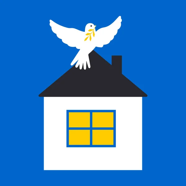 The dove of peace. House and white bird against the blue clear sky. Poster Peace to Ukraine.
