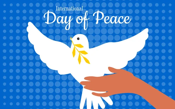 International Day of Peace. White dove. The hands of the Ukrainian people hold the bird of hope in the struggle for peace against the blue sky. Horizontal poster Peace to Ukraine.