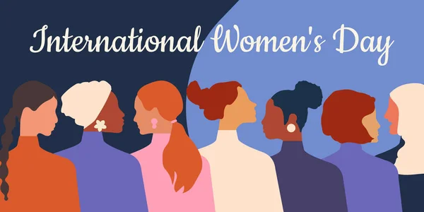 International Women's Day. Women of different ages, nationalities and religions come together. Horizontal blue poster. 