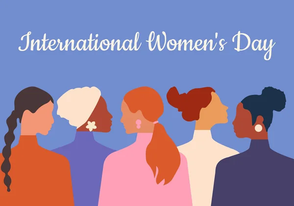 International Women's Day. Women of different ages, nationalities and religions come together. Horizontal blue poster. 
