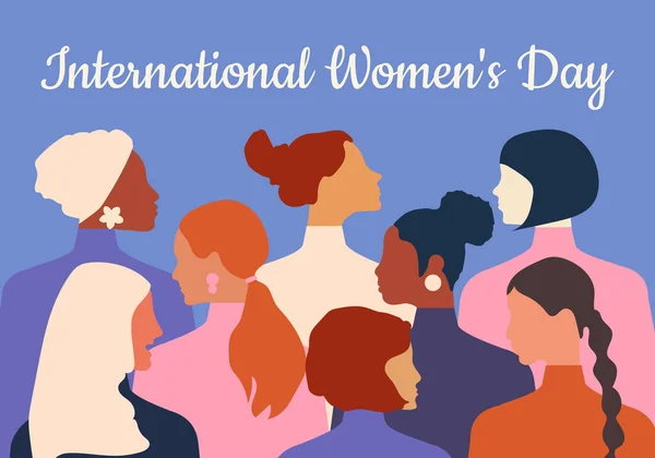 International Women's Day. Women of different ages, nationalities and religions come together. Horizontal blue poster. 