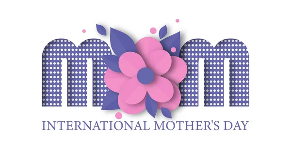 International Mother\'s Day. Beautiful design of flowers and letters in pink and purple paper art style on a horizontal white background.