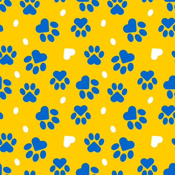 Paws of a cat, dog, puppy. Seamless cute pattern of animal footprints for textile. Blue and yellow colors.