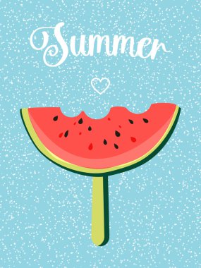 Watermelon flavored ice cream. Summer vibes. Popsicle on a stick on a blue background. 