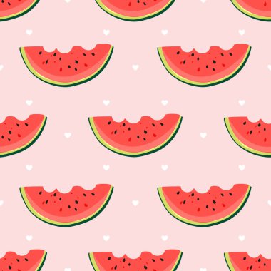 Pieces of watermelon. Seamless cute pattern. Summer vibes. Red watermelon on a pink background.
