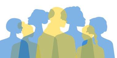 International Women's Day banner. Women of different ages, nationalities and religions come together. Horizontal white poster with transparent silhouettes of women. 