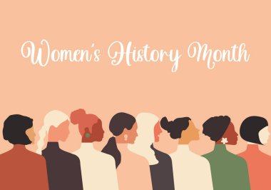 Women's History Month. Women of different ages, nationalities and religions come together. Horizontal pink poster. clipart