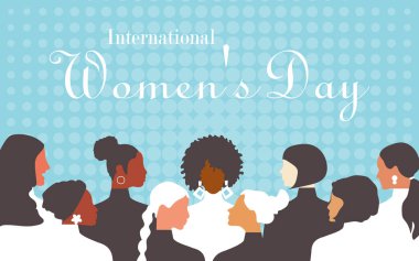International Women's Day. Crowd of modern women of different nationalities and religions in flat design style. Horizontal blue retro poster.  clipart