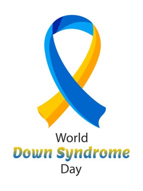 World Down Syndrome Day. The symbol is a yellow and blue ribbon. 21 March. Vertical white poster.