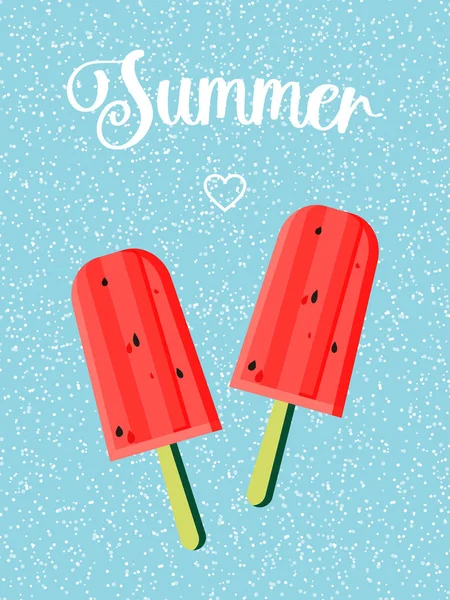 Watermelon flavored ice cream. Summer vibes. Popsicle on a stick on a blue background.