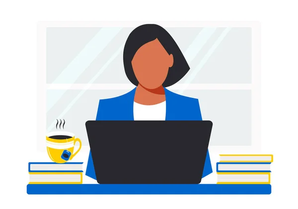 Nice Woman Table Laptop Online Education Concept Blue Yellow Colors — Stock fotografie