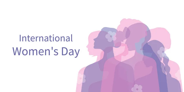 International Women's Day. Women of different ages, nationalities and religions come together. Horizontal white poster with transparent silhouettes of women. 