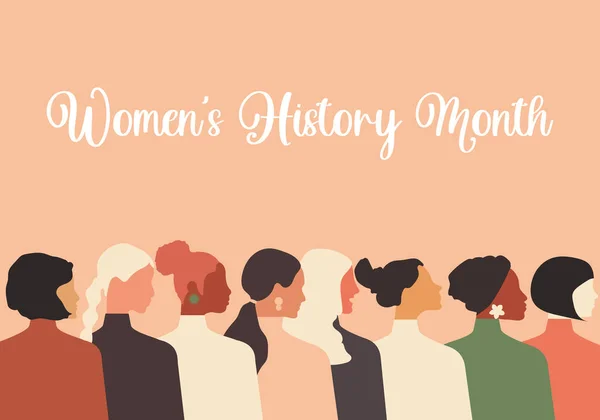 Women's History Month. Women of different ages, nationalities and religions come together. Horizontal pink poster.