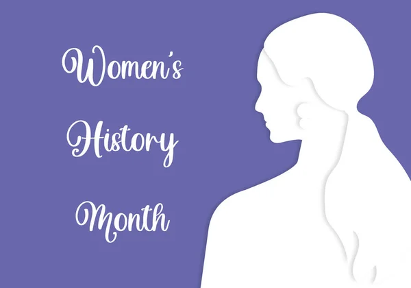 Women\'s History Month. Silhouette of a woman with long hair on a purple horizontal background in paper art style.