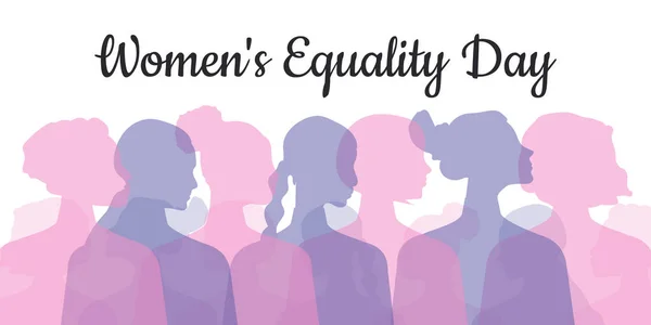 Equality Women\'s Day. Women of different ages, nationalities and religions come together. Horizontal white poster with transparent silhouettes of women.