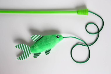 Green cute plush fish. Toy for cats. Cat fishing.