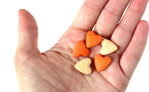 Vitamins Cats Form Hearts Hand Veterinarian Fine Tasty Tablets Pets — Zdjęcie stockowe