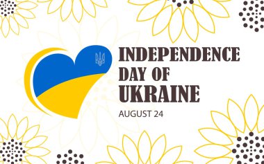 Independence day of Ukraine. August 24 . A horizontal white banner with a heart-shaped flag and sunflower flowers. 