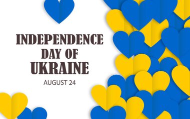 Independence day of Ukraine. August 24. Horizontal white banner with yellow and blue hearts in paper art style.