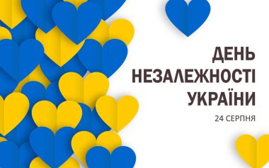 Independence day of Ukraine in ukrainian text. August 24. Horizontal white banner with yellow and blue hearts in paper art style.