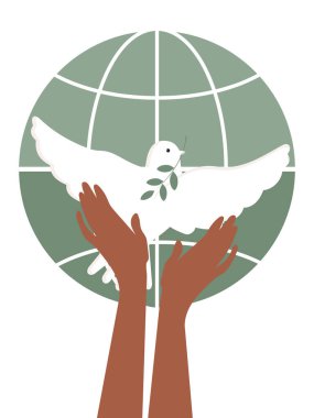 The dove of peace is white. The hands of the people hold the bird of hope in the struggle for world peace. Vertical poster Peace to Ukraine. 