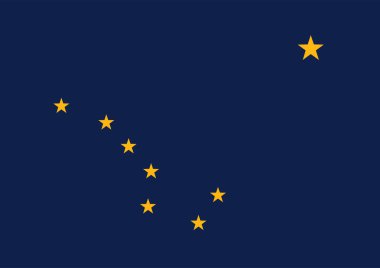 Alaska flag. The state flag of Alaska displays eight gold stars, forming the Big Dipper and Polaris, on a dark blue field. 