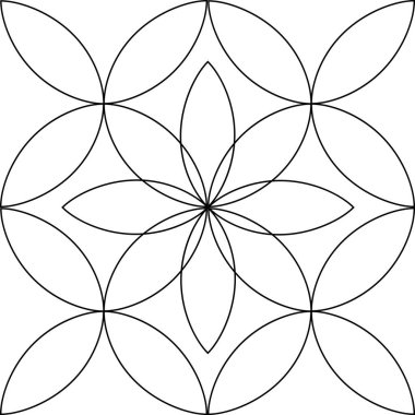 Geometric symmetrical seamless pattern with petals, flowers in black outline on a white background for coloring. 