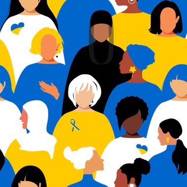 Women of different nationalities and religions. Seamless pattern. The concept of uniting in the struggle for equal rights. Support for Ukraine on Independence Day August 24, 2022.