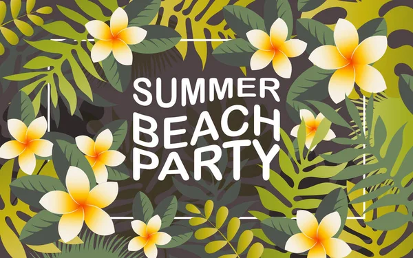 Summer beach party banner with tropical leaves and beautiful plumeria flowers.