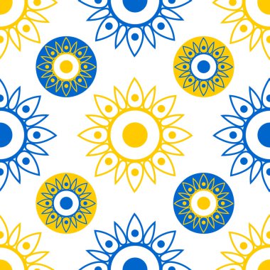 Geometrik açılış çiçekleri beyaz arka planda mavi ve sarı ayçiçekleri. Kusursuz modern desen. 