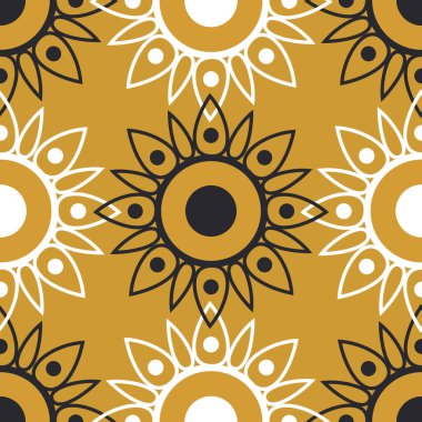 Simetrik geometrik açılış çiçekleri hardal rengi arka planda beyaz ve siyah ayçiçekleri. Kusursuz modern desen. 