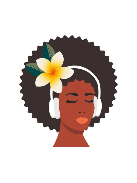 Eine Schöne Afroamerikanerin Mit Kopfhörern Hört Musik Frauenkopf Isoliert Auf — Stockfoto