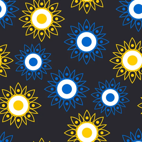 幾何学的な透かし花のひまわり青と黒の背景に黄色 シームレスなモダンなパターン — ストック写真