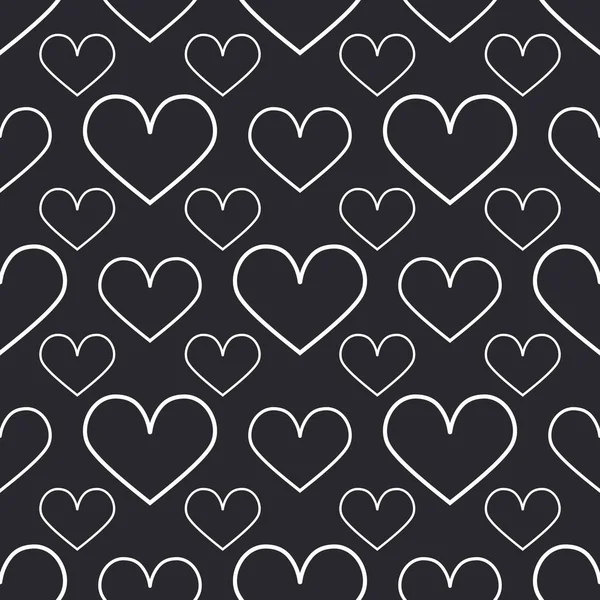 Hearts with a white outline on a black background for textiles. Seamless cute pattern.