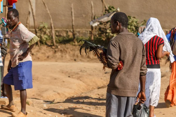 Jinka Ethiopia December 2013 Ethiopian Man Bought Rooster Bazaar Holding — Stock Photo, Image