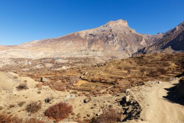 Dajong Paldip 'teki Jhong Khola Vadisi manzarası. Mustang Bölgesi, Nepal. Himalayalar