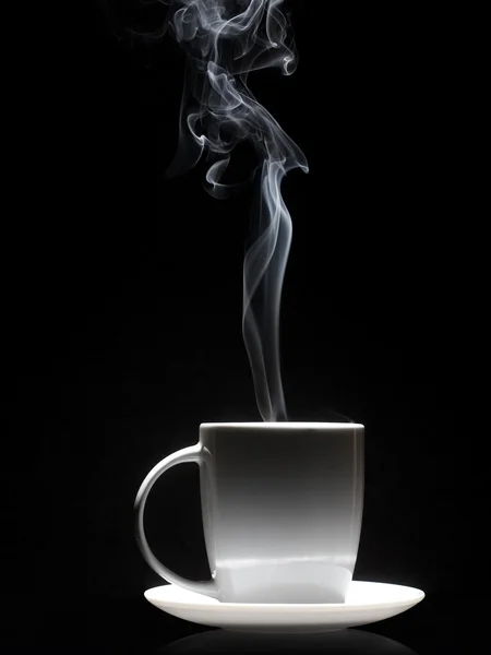 White cup of coffee with a dense smoke in the air — Stock Photo, Image